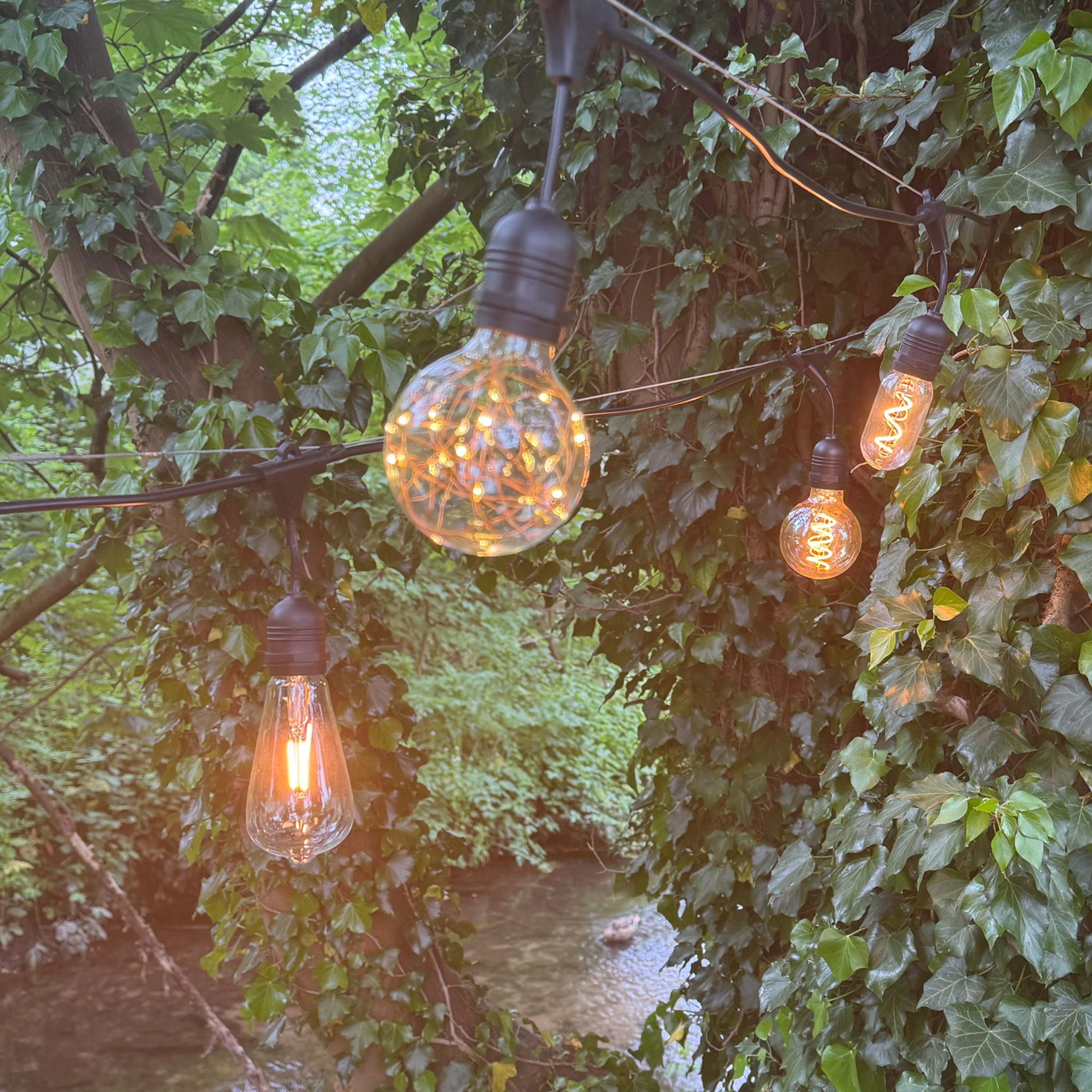 Azur Festoon with Mixed Retro filament bulbs - The Outside Lighting Specialists