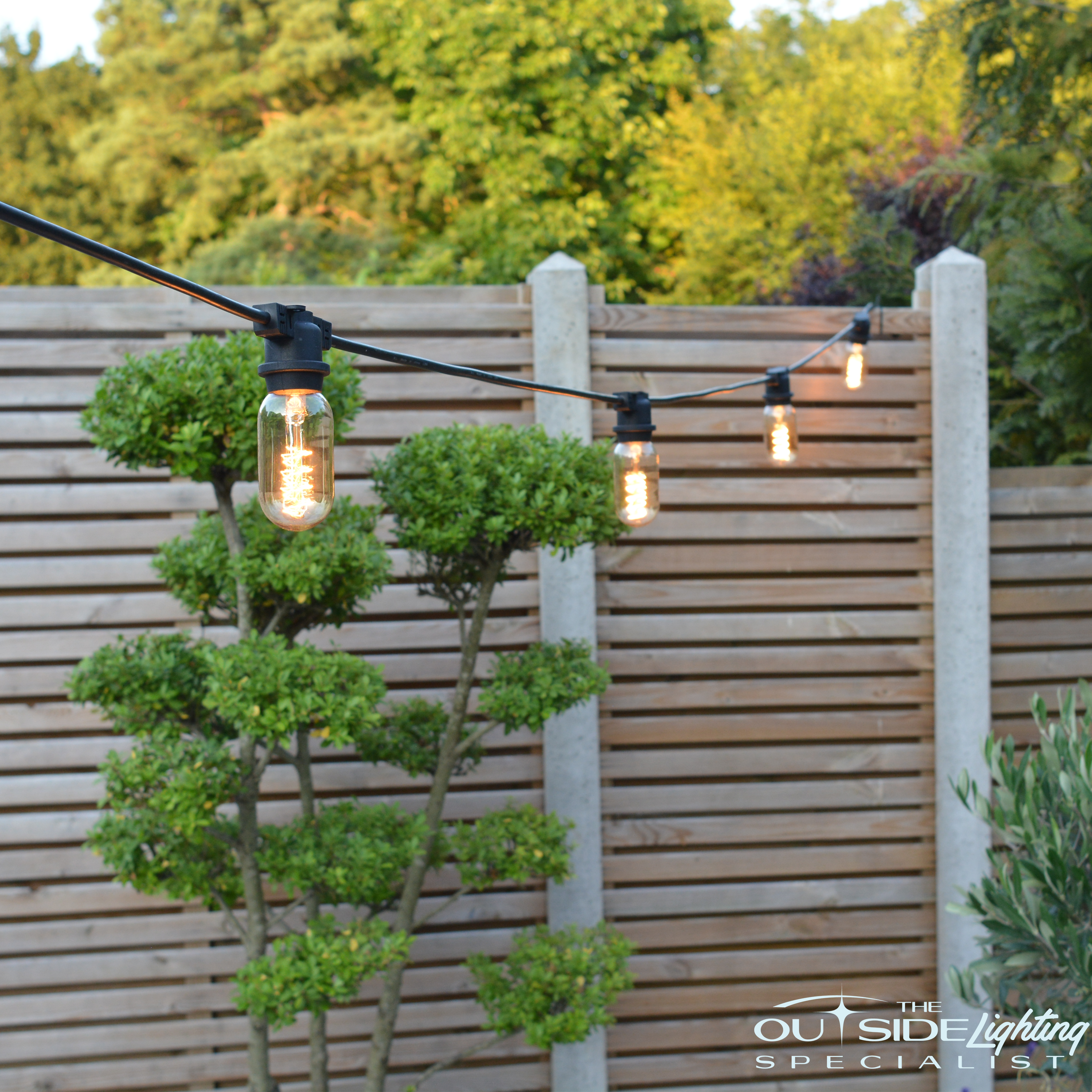 10m Connectable Outdoor Fixed Cable with 15 T45 Retro filament bulbs - The Outside Lighting Specialists