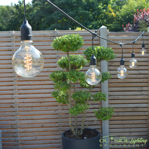 10m Connectable Outdoor Pendant Cable with 15 G95 Retro filament bulbs - The Outside Lighting Specialists