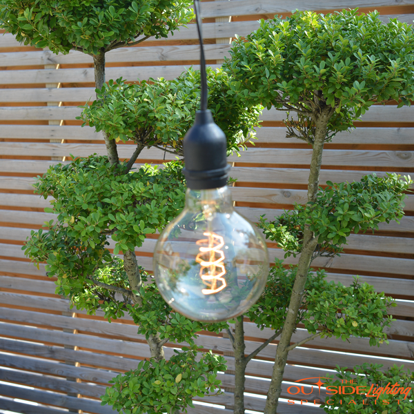 10m Connectable Outdoor Pendant Cable with 15 G95 Retro filament bulbs - The Outside Lighting Specialists