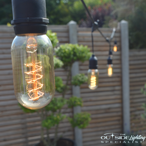 10m Connectable Outdoor Pendant Cable with 15 T45 Retro filament bulbs - The Outside Lighting Specialists